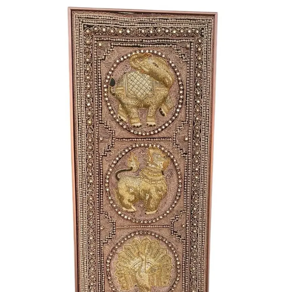 Vtg Burmese Thai Kalaga Tapestry Wall Art Elephant Peacock Lion Beaded 54” Large - Picture 10 of 16